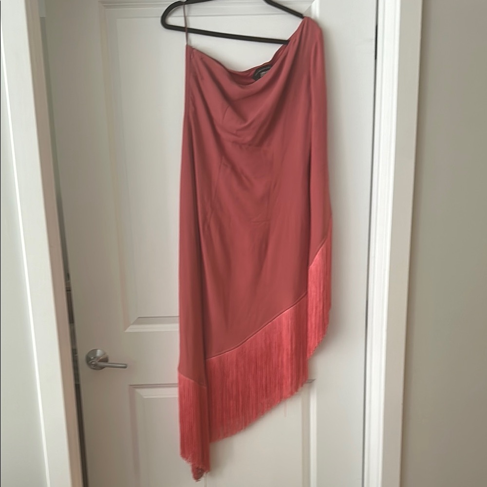 One-Shoulder Pink Fringe Asymmetric Dress - Picture 3 of 3